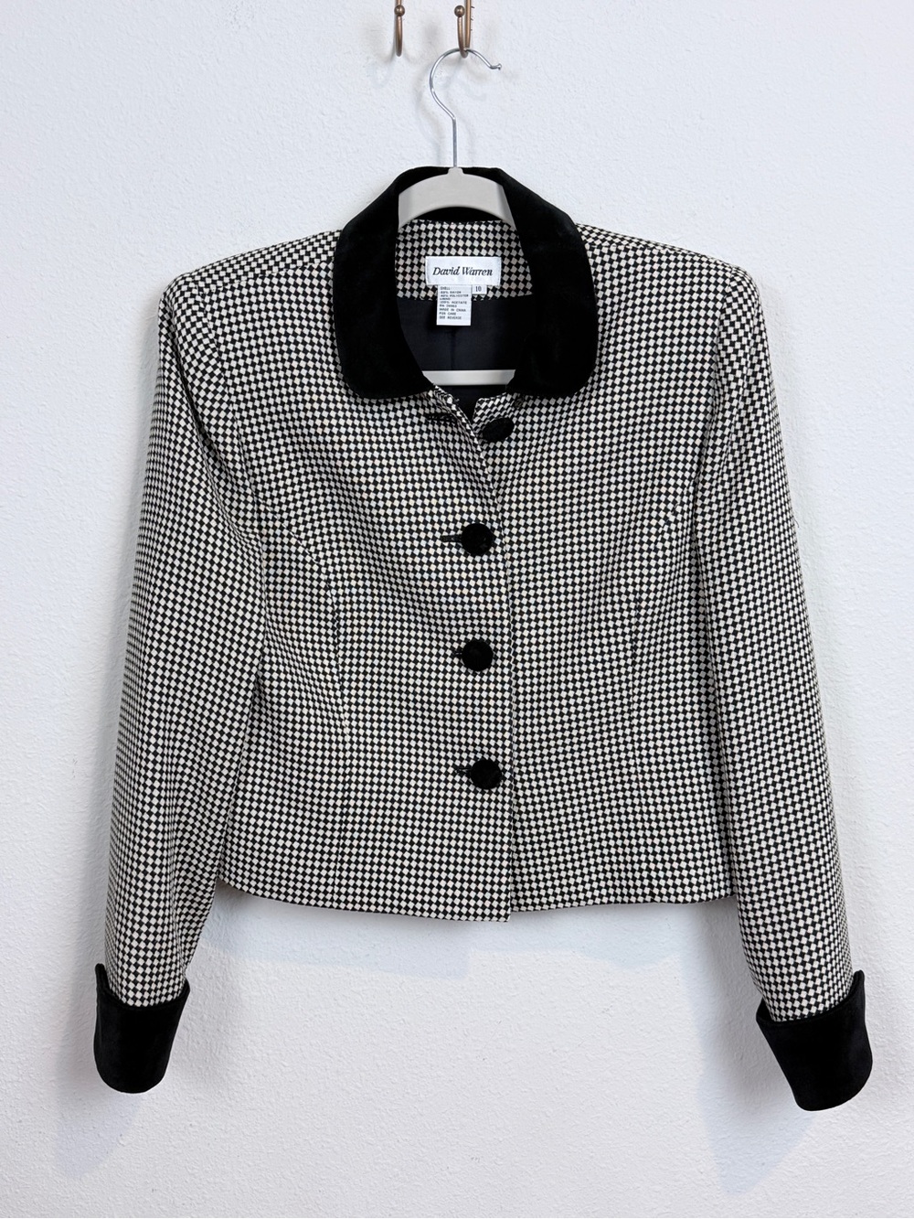 Vintage David Warren Black & White Houndstooth Velvet-Trim Cropped Blazer 10